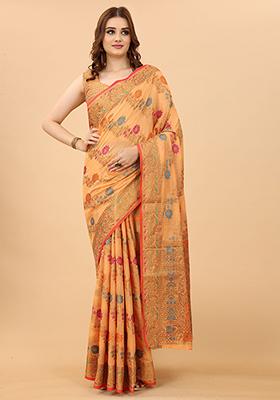 Peach Solid Cotton Blend Saree Set