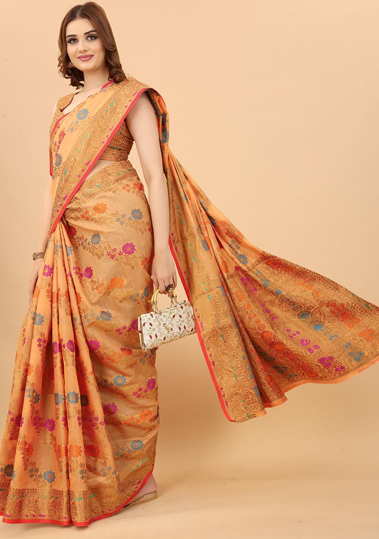Peach Solid Cotton Blend Saree Set