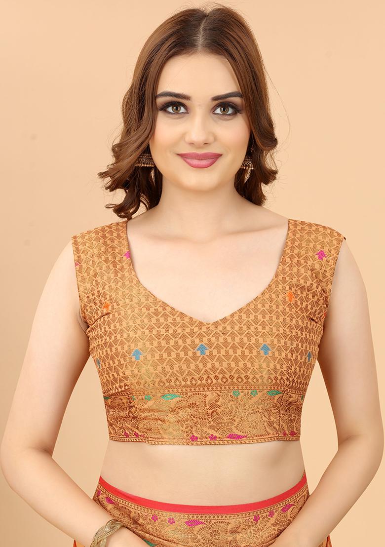 Peach Solid Cotton Blend Saree Set