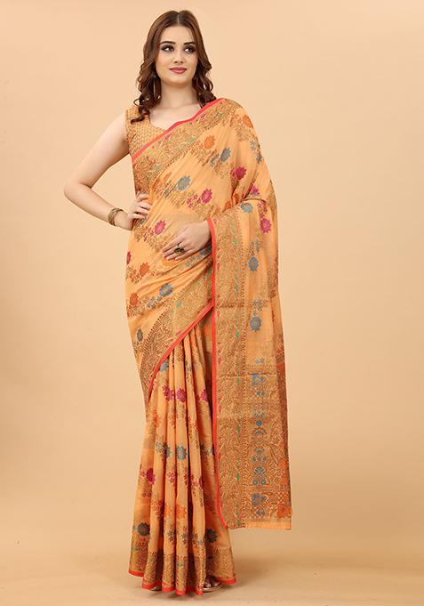 Peach Solid Cotton Blend Saree Set