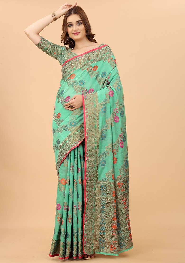 Firozi Blue Solid Cotton Blend Saree Set - Indya