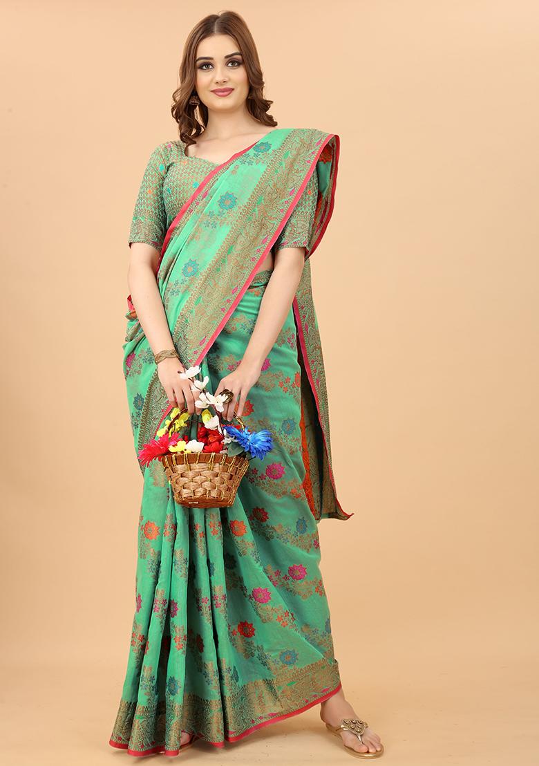 Firozi Blue Solid Cotton Blend Saree Set