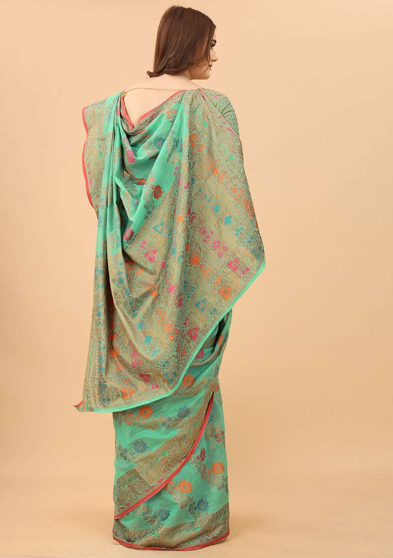 Firozi Blue Solid Cotton Blend Saree Set - Indya