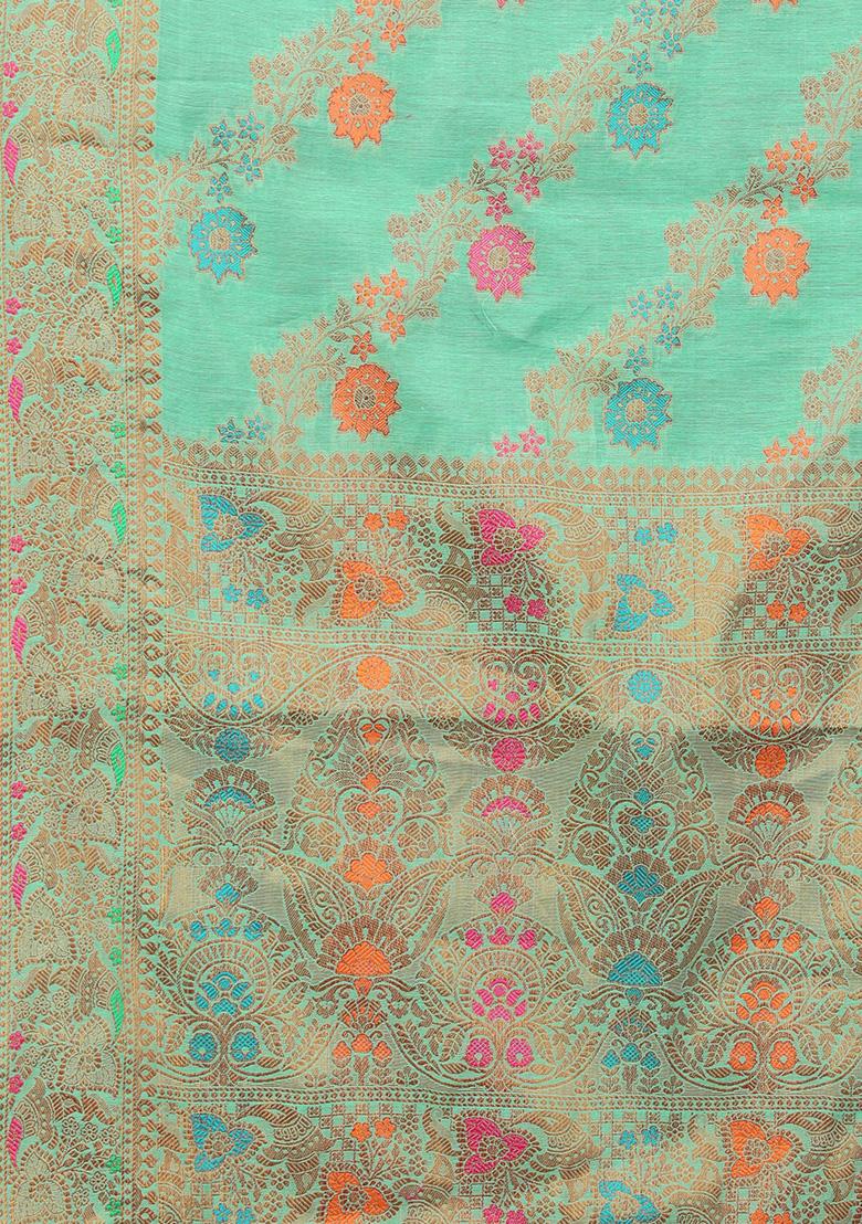 Firozi Blue Solid Cotton Blend Saree Set