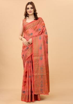 Pink Solid Cotton Blend Saree Set