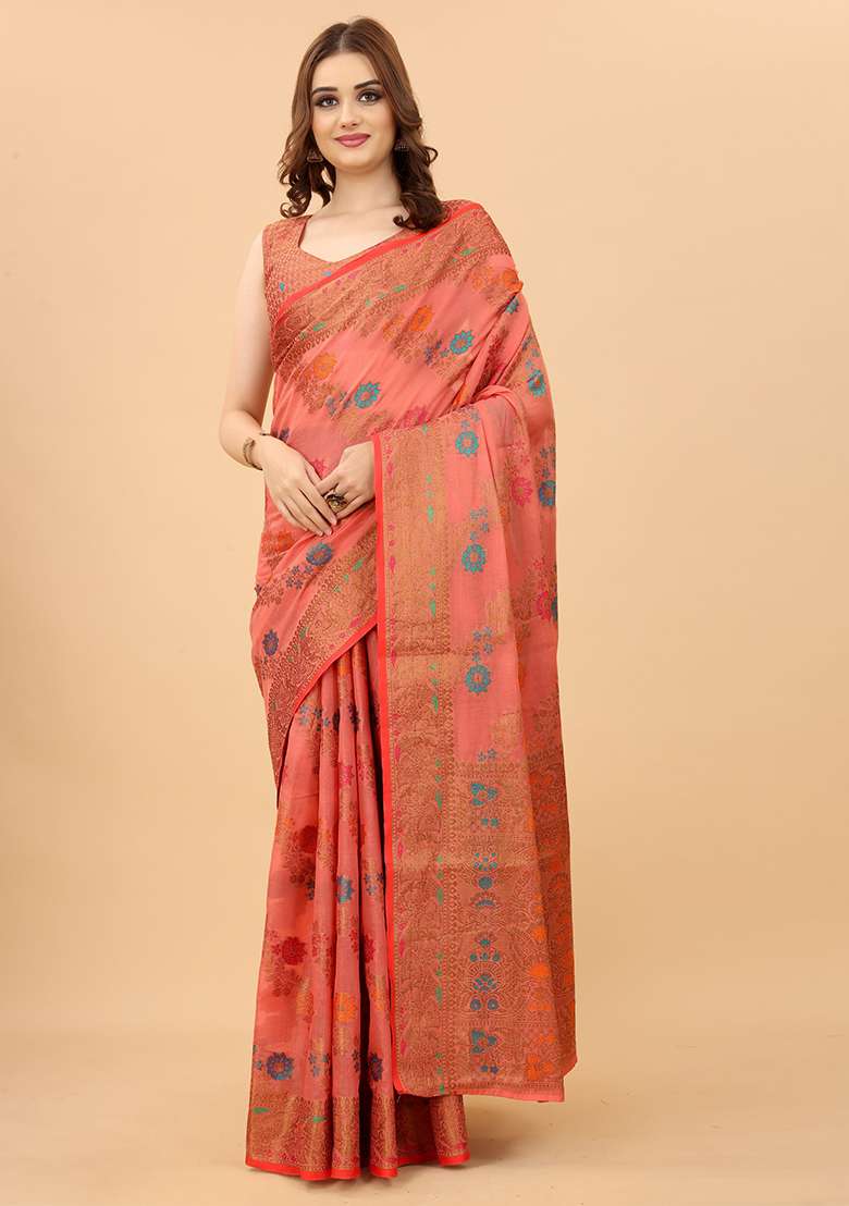 Pink Solid Cotton Blend Saree Set - Indya
