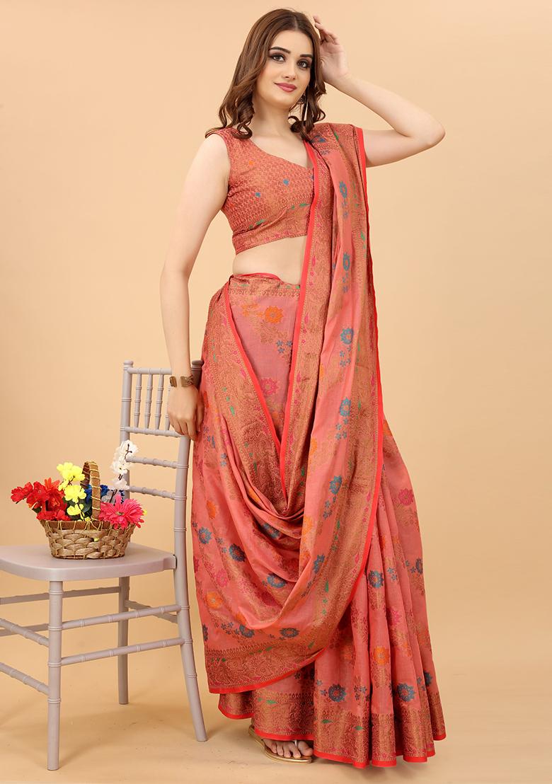 Pink Solid Cotton Blend Saree Set