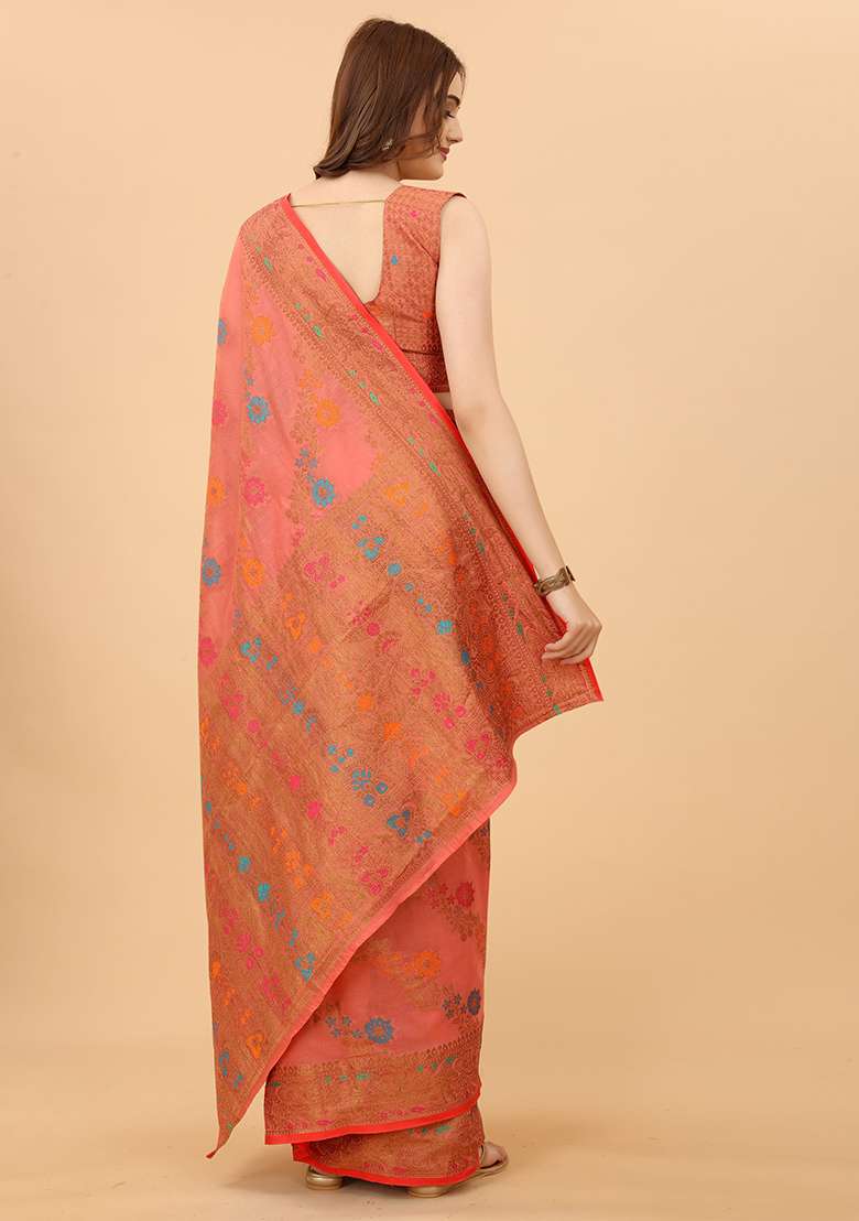 Pink Solid Cotton Blend Saree Set - Indya