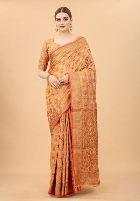 Peach Solid Cotton Blend Saree Set