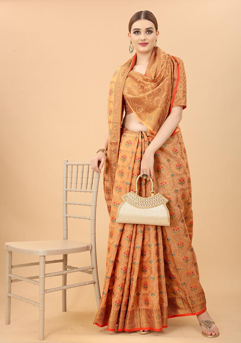 Peach Solid Cotton Blend Saree Set