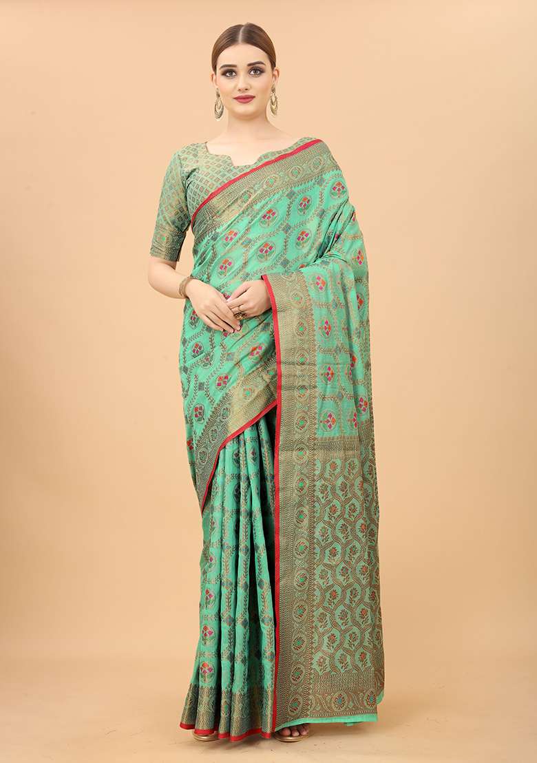Firozi Blue Solid Cotton Blend Saree Set - Indya