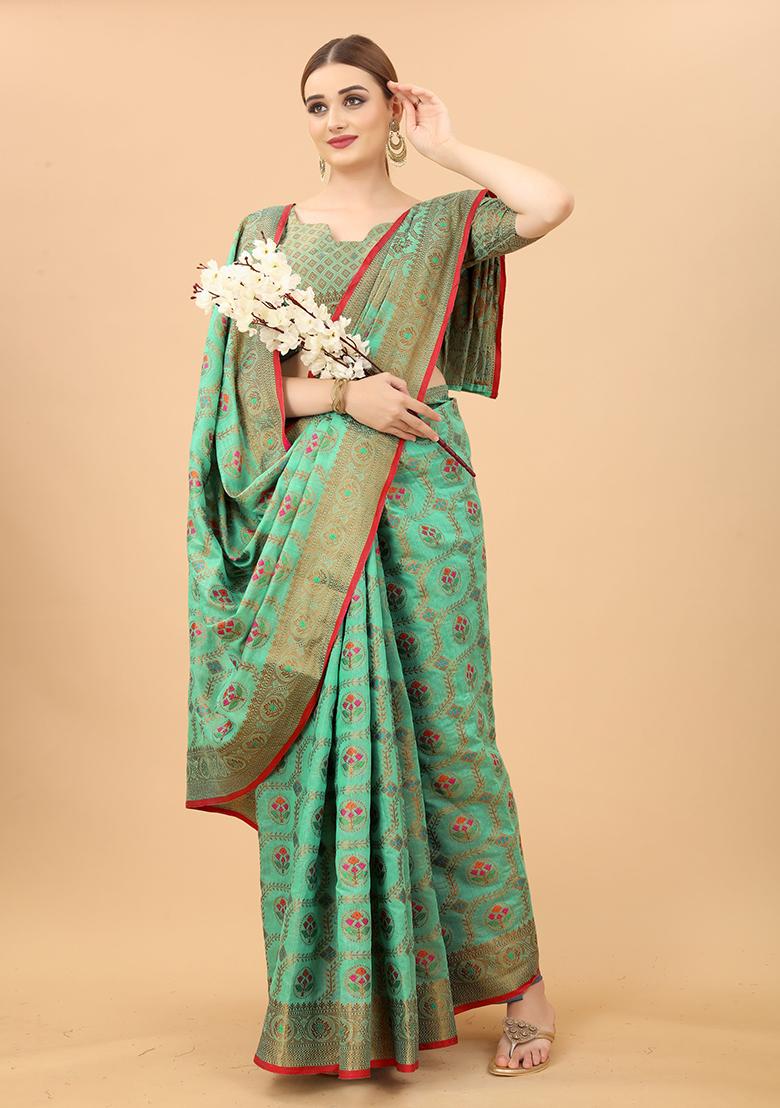 Firozi Blue Solid Cotton Blend Saree Set