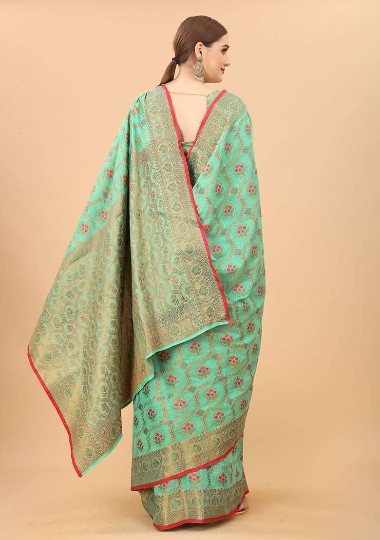 Firozi Blue Solid Cotton Blend Saree Set - Indya