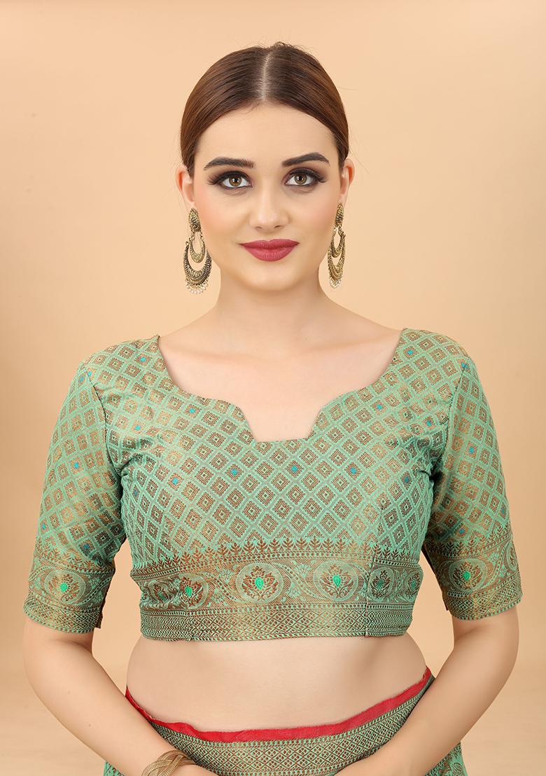 Firozi Blue Solid Cotton Blend Saree Set