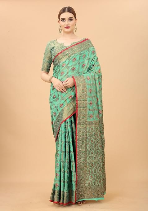 Firozi Blue Solid Cotton Blend Saree Set