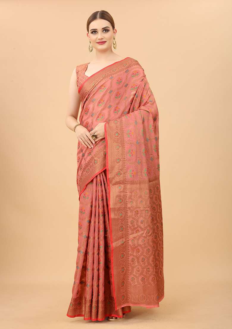 Pink Solid Cotton Blend Saree Set for Diwali and Festive Wear - Indya