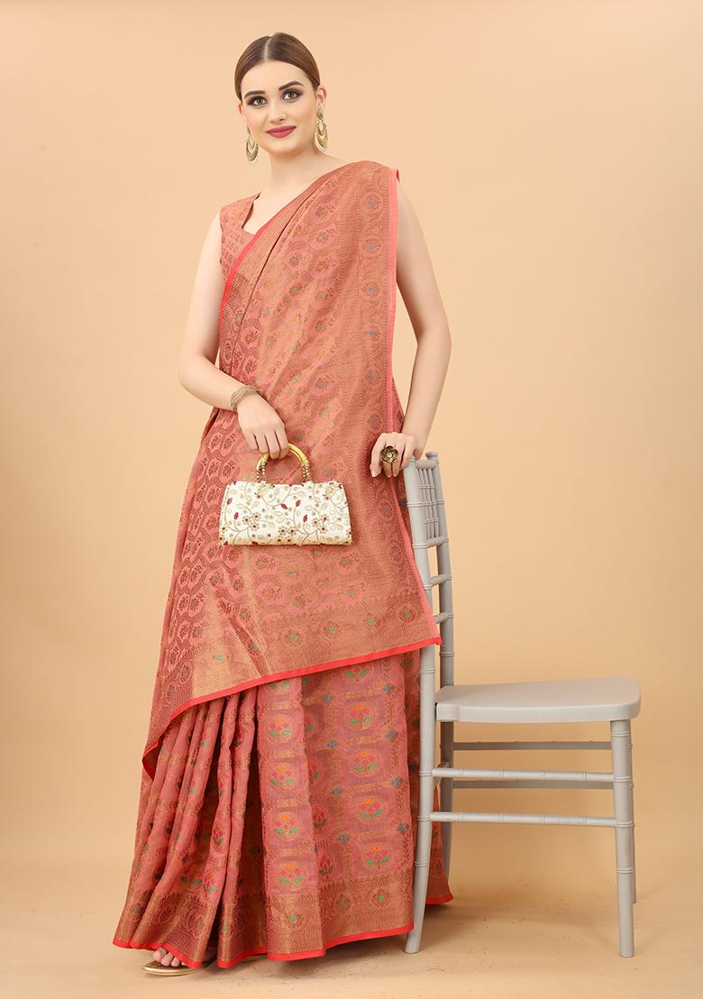 Pink Solid Cotton Blend Saree Set