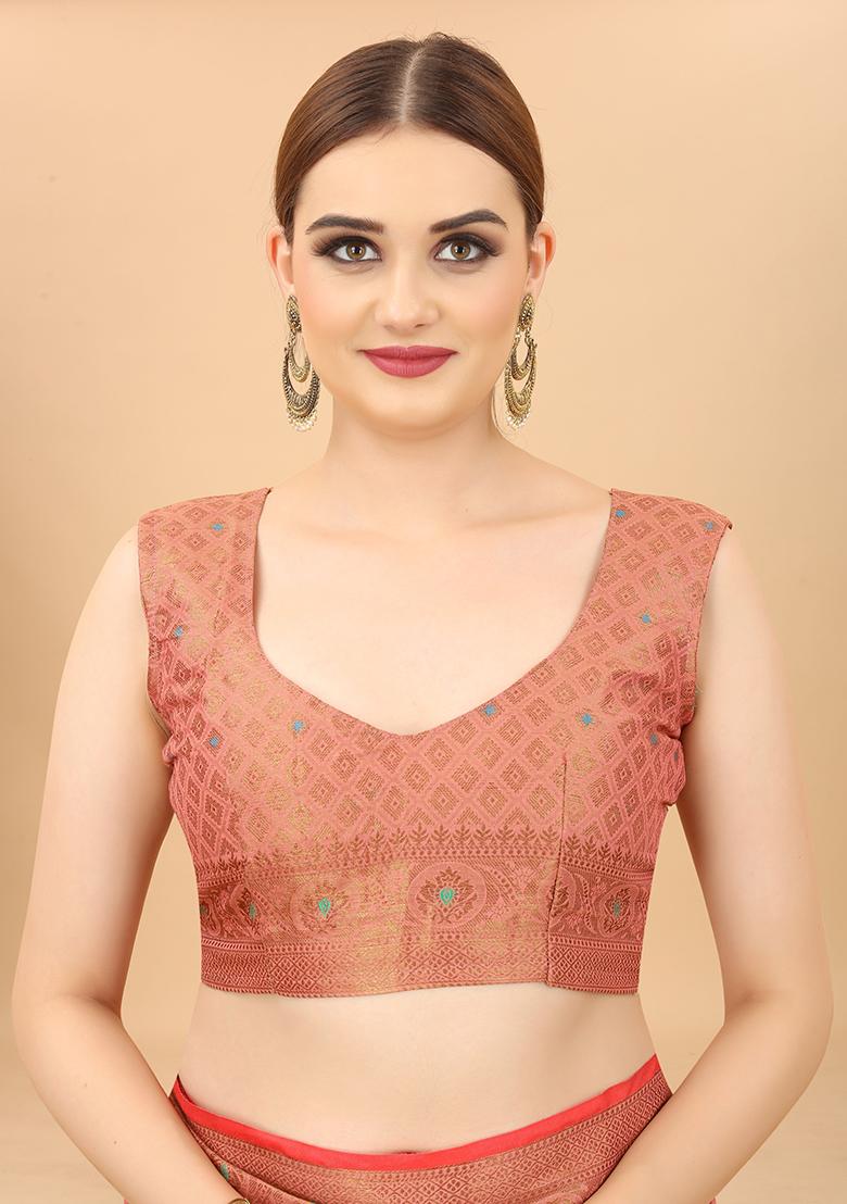 Pink Solid Cotton Blend Saree Set