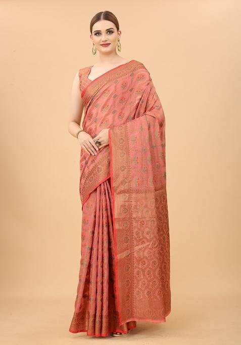 Pink Solid Cotton Blend Saree Set