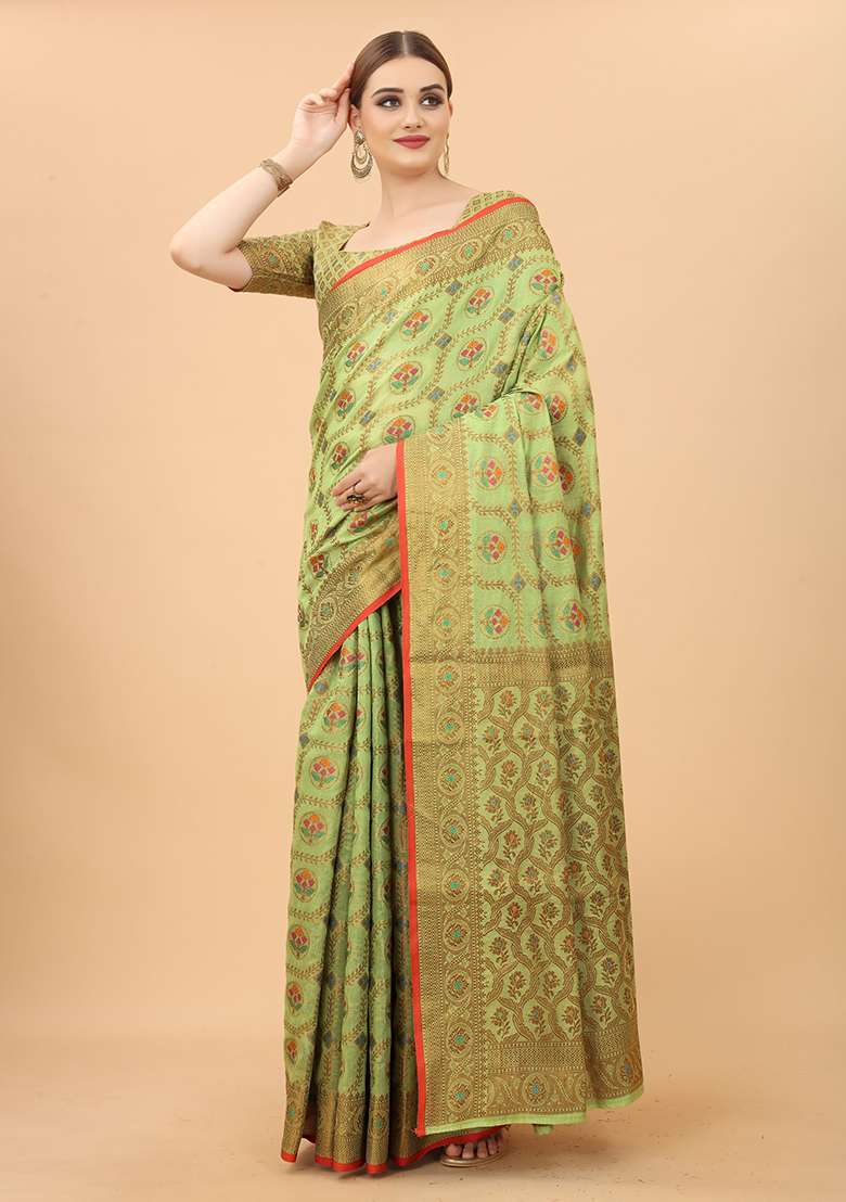 Green Solid Cotton Blend Saree Set - Indya
