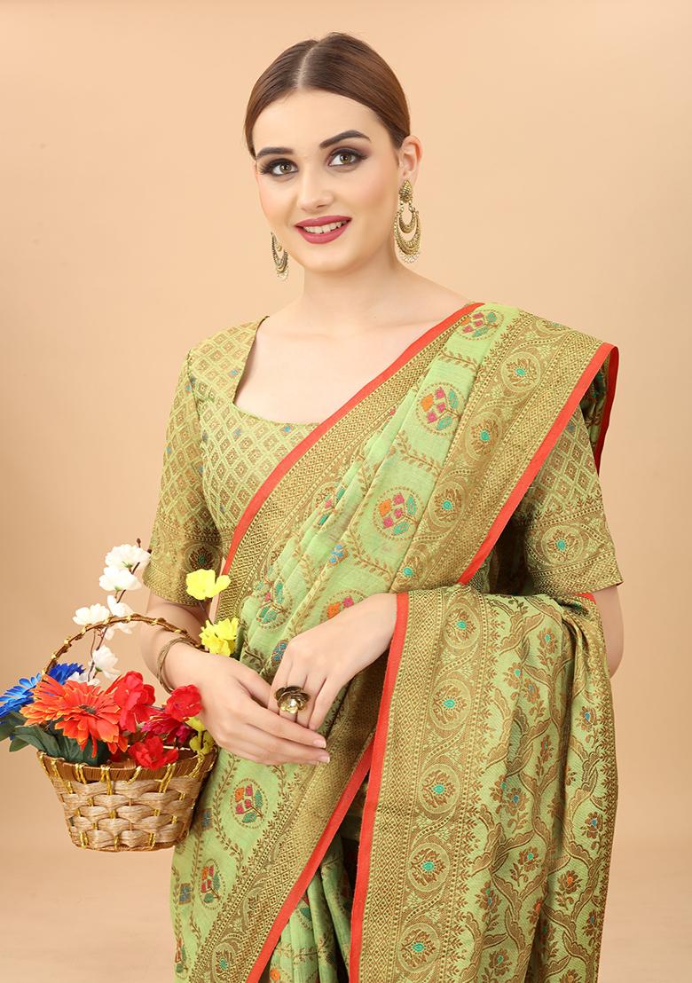 Green Solid Cotton Blend Saree Set
