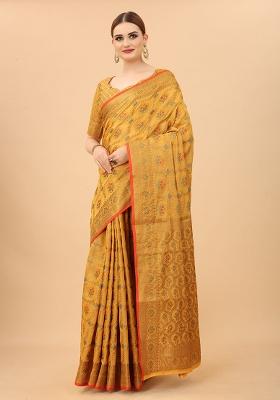 Yellow Solid Cotton Blend Saree Set