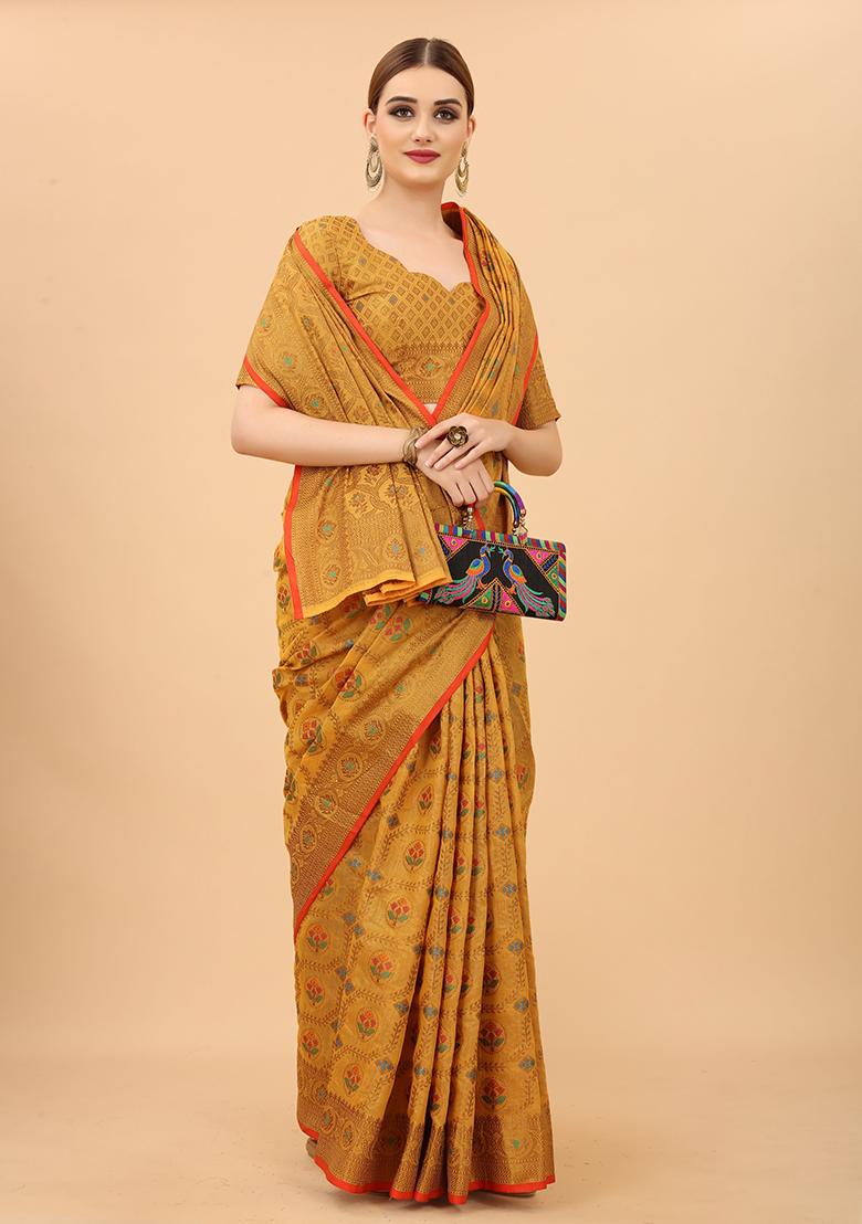 Yellow Solid Cotton Blend Saree Set