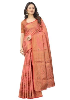 Pink Solid Cotton Blend Saree Set