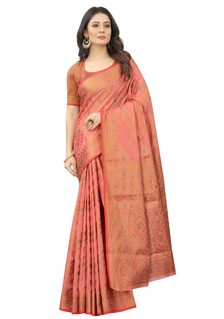 Pink Solid Cotton Blend Saree Set - Indya