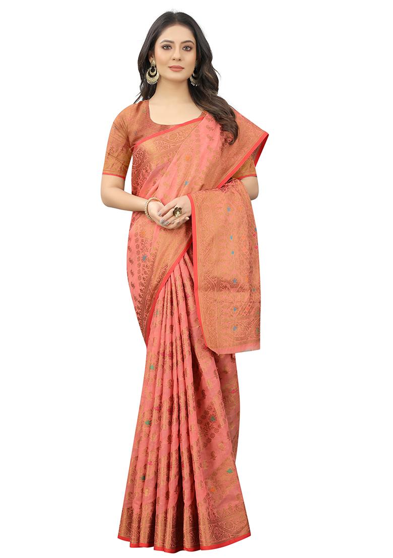 Pink Solid Cotton Blend Saree Set