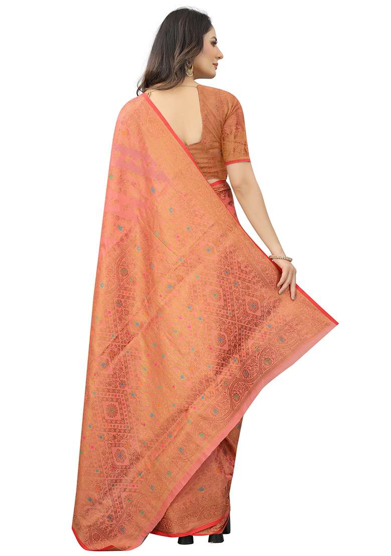 Pink Solid Cotton Blend Saree Set - Indya