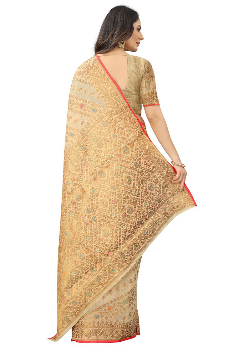 Cream Solid Cotton Blend Saree Set