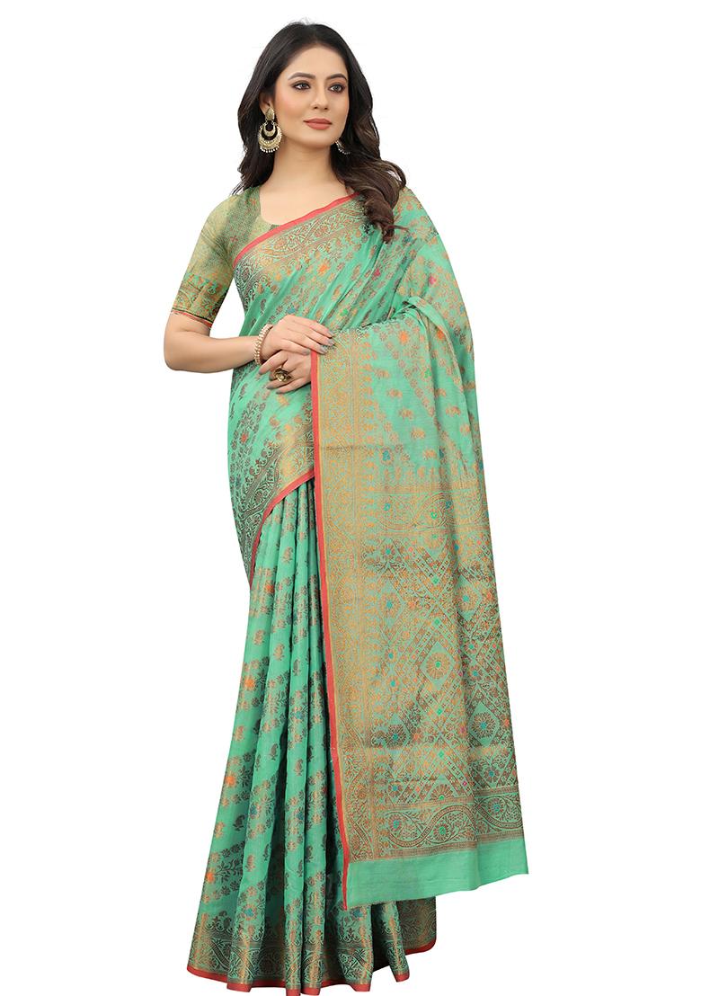 Firozi Blue Solid Cotton Blend Saree Set