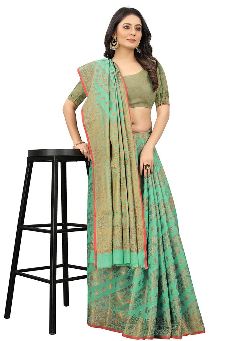 Firozi Blue Solid Cotton Blend Saree Set