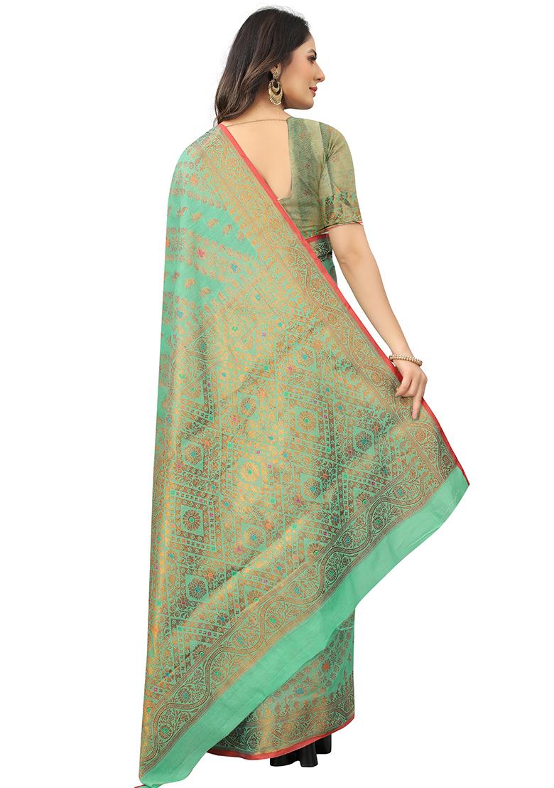 Firozi Blue Solid Cotton Blend Saree Set