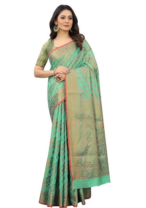 Firozi Blue Solid Cotton Blend Saree Set