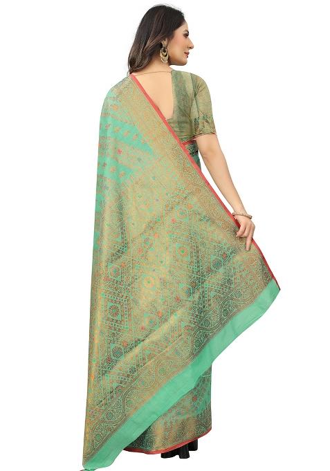 Firozi Blue Solid Cotton Blend Saree Set