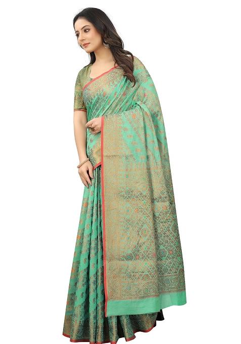 Firozi Blue Solid Cotton Blend Saree Set