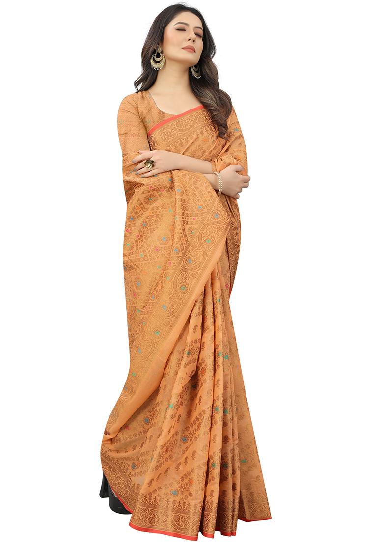Peach Solid Cotton Blend Saree Set