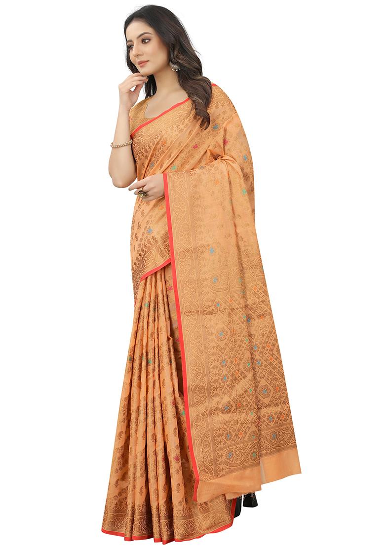 Peach Solid Cotton Blend Saree Set