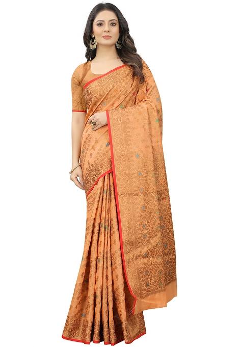 Peach Solid Cotton Blend Saree Set