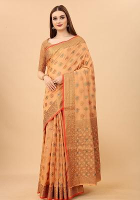 Peach Solid Cotton Blend Saree Set