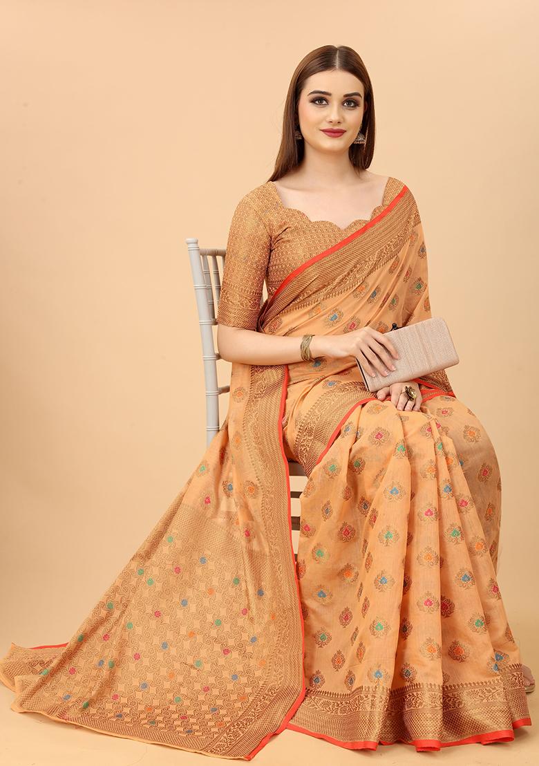 Peach Solid Cotton Blend Saree Set