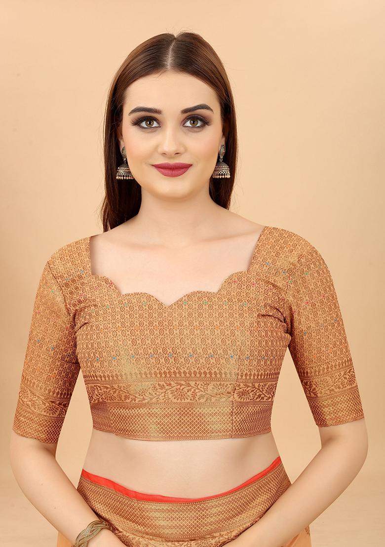 Peach Solid Cotton Blend Saree Set