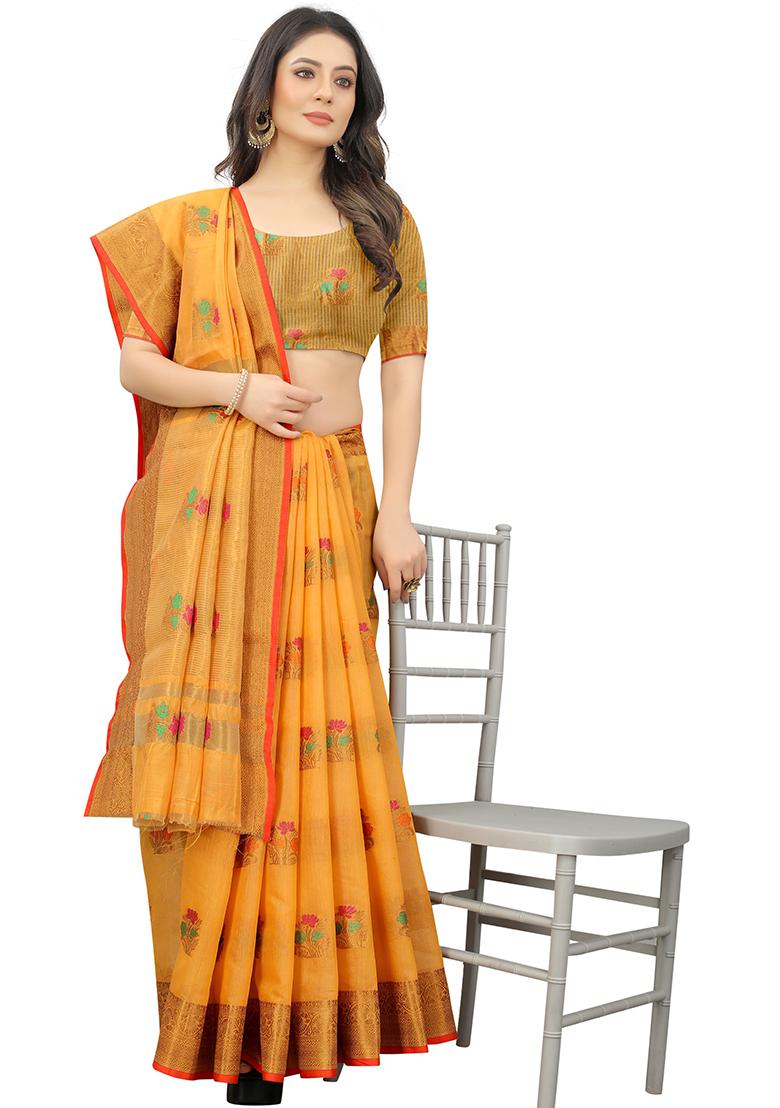 Yellow Solid Cotton Blend Saree Set