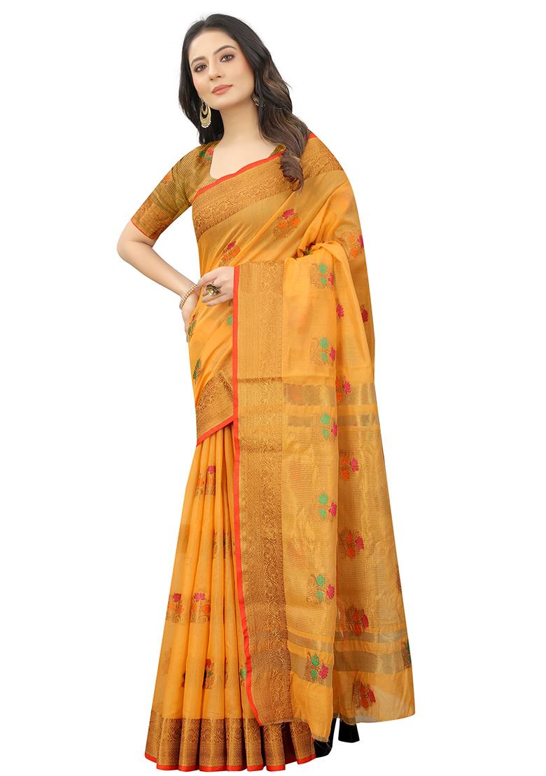 Yellow Solid Cotton Blend Saree Set