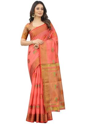 Pink Solid Cotton Blend Saree Set