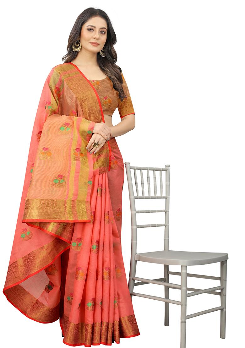 Pink Solid Cotton Blend Saree Set