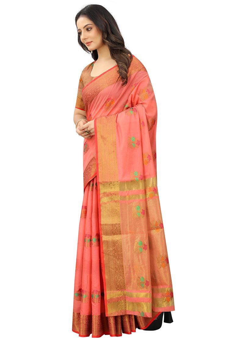 Pink Solid Cotton Blend Saree Set