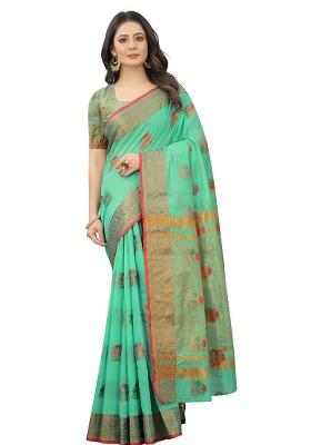 Firozi Blue Solid Cotton Blend Saree Set
